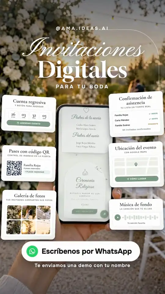 Invitación de boda en un celular con sus funciones alrededor