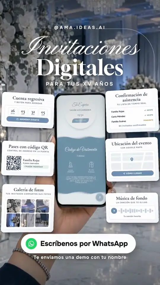 Invitación de XV en un celular con la cuenta regresiva, la confirmación, el pase QR, la ubicación, la galería y la música alrededor